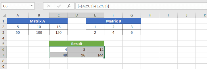 Subtract matrices in Excel