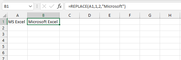 =REPLACE(A1,1,2,"Microsoft")