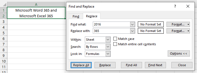 Find and Replace dialogue box