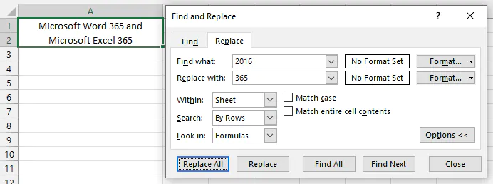 Find and Replace dialogue box