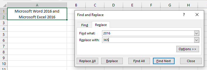 Find and Replace dialogue box