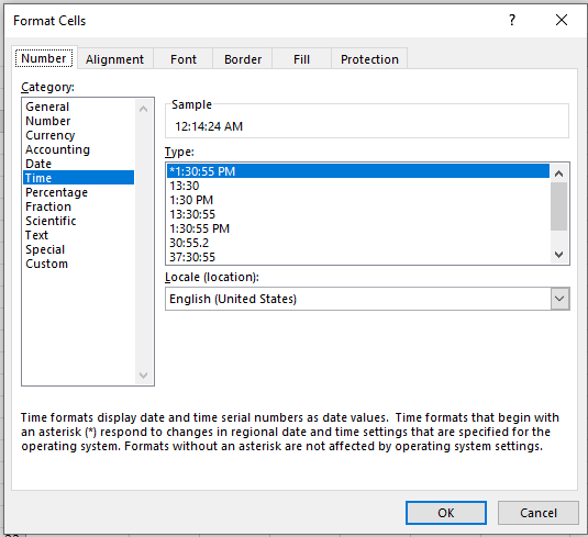 Excel time format