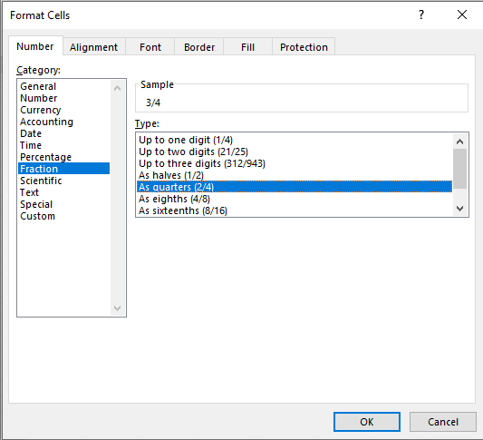 Excel fraction format