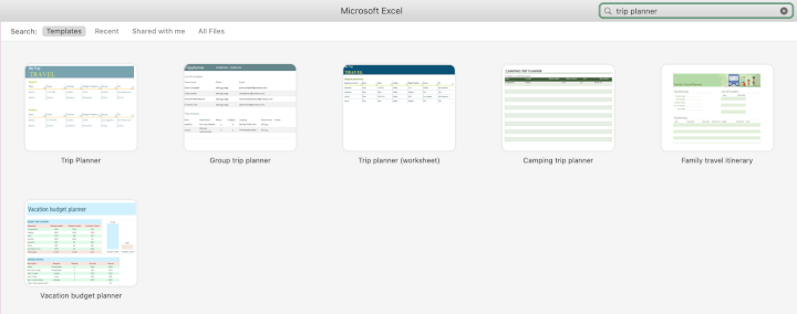 Excel trip planner