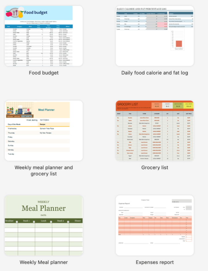 Food budget templates