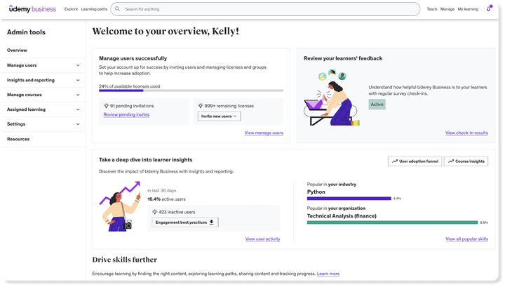 LXP UI example featuring a Udemy admin page