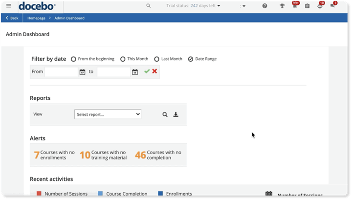 LXP UI example featuring the admin dashboard of Docebo