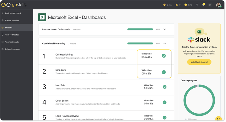 LXP UI example featuring a lessons page from GoSkills LMS