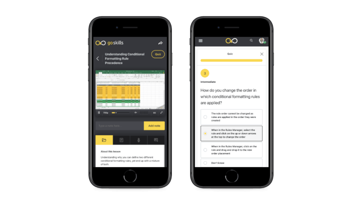 two screens showing the mobile user interface of GoSkills LXP/LMS