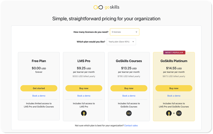 Screen-captured portion of GoSkills pricing page