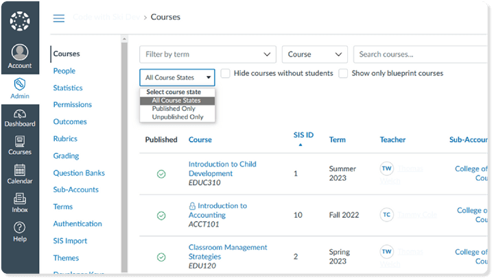 LXP UI example featuring the admin page of Canvas LMS