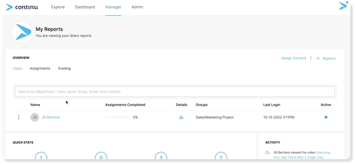 LXP UI example featuring the admin reports page of Continu