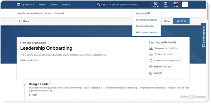 LXP UI example featuring the admin page of LinkedIn Learning