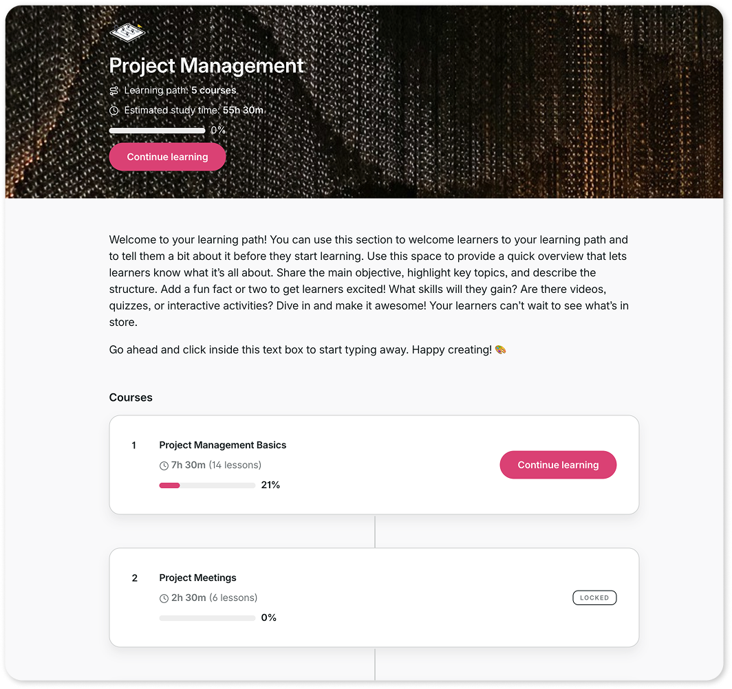 GoSkills Learning Paths feature showing a project management learning path with multiple courses and learner progress.
