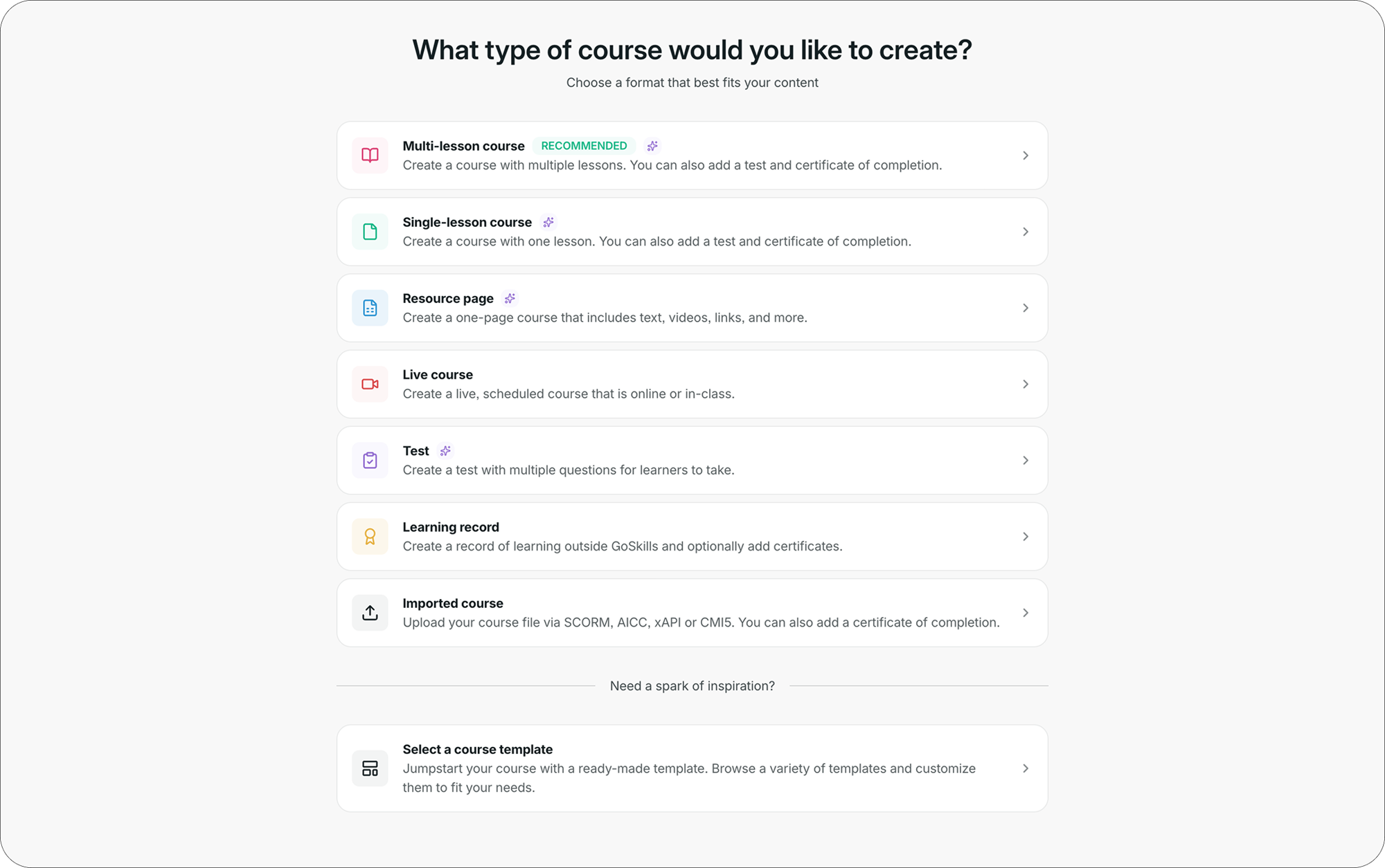 LXP UI example featuring a course-creation page of GoSkills showing support for E-learning standards