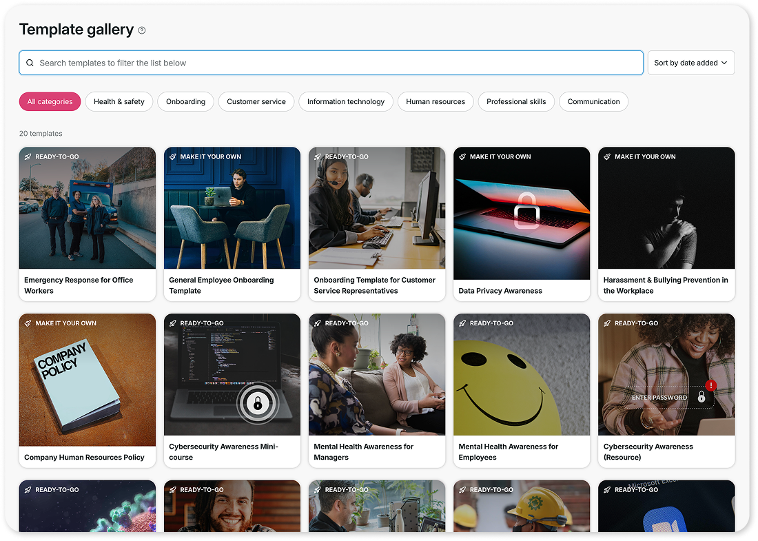 LXP UI example featuring the template gallery of GoSkills