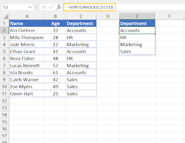 SORT and UNIQUE functions in Excel
