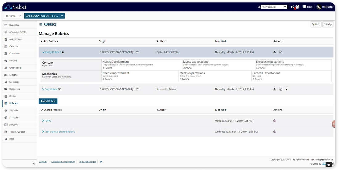 sakai rubrics manager