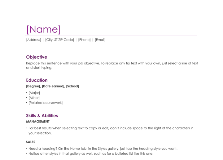 sample of ms word format resume