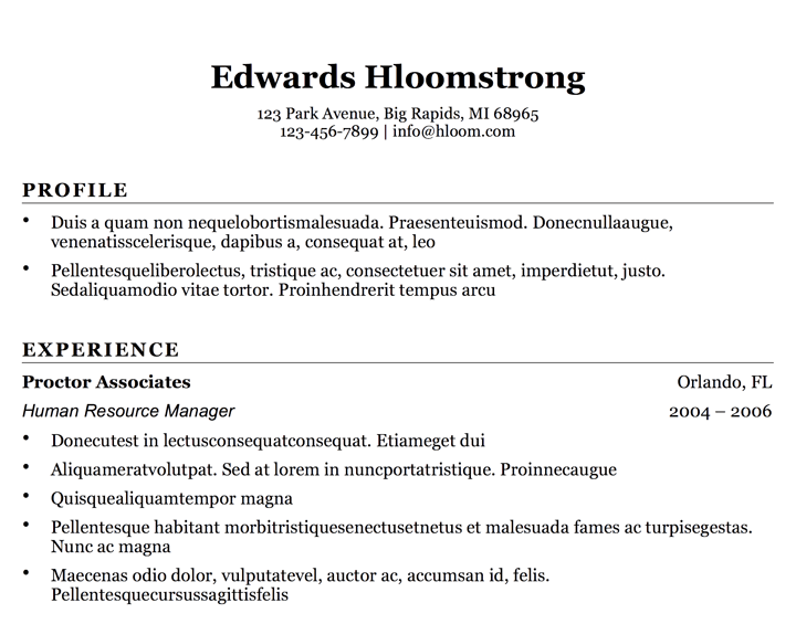 sample of ms word format resume