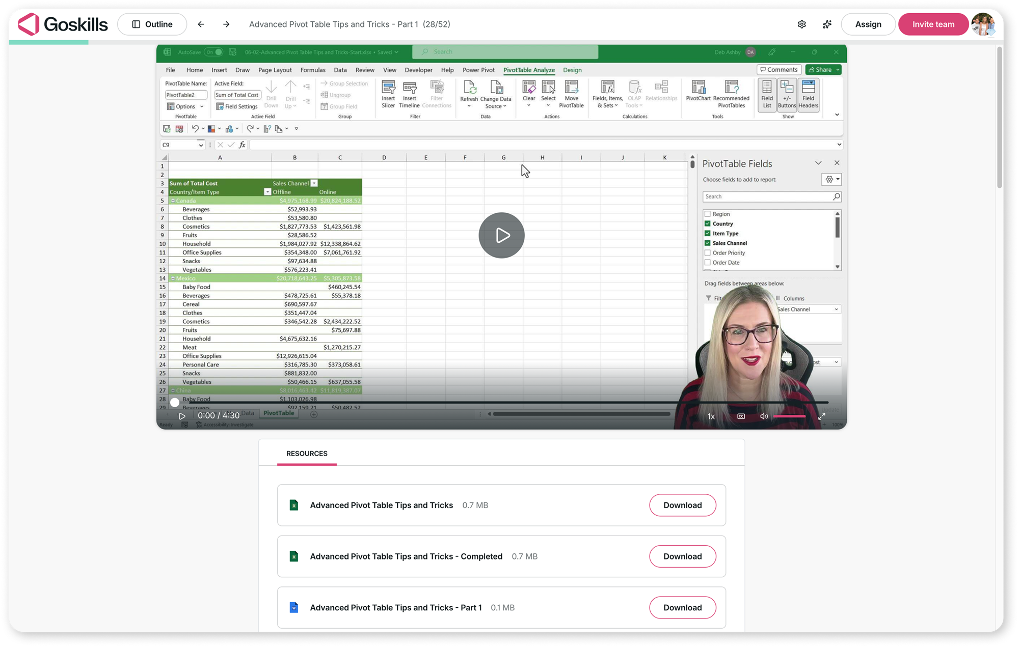 GoSkills Excel video lesson featuring an instructor, with downloadable learning resources below.