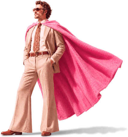 Confident man in a flowing pink cape