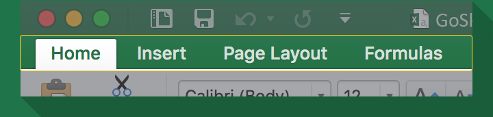 Ribbon tabs group related commands in Excel